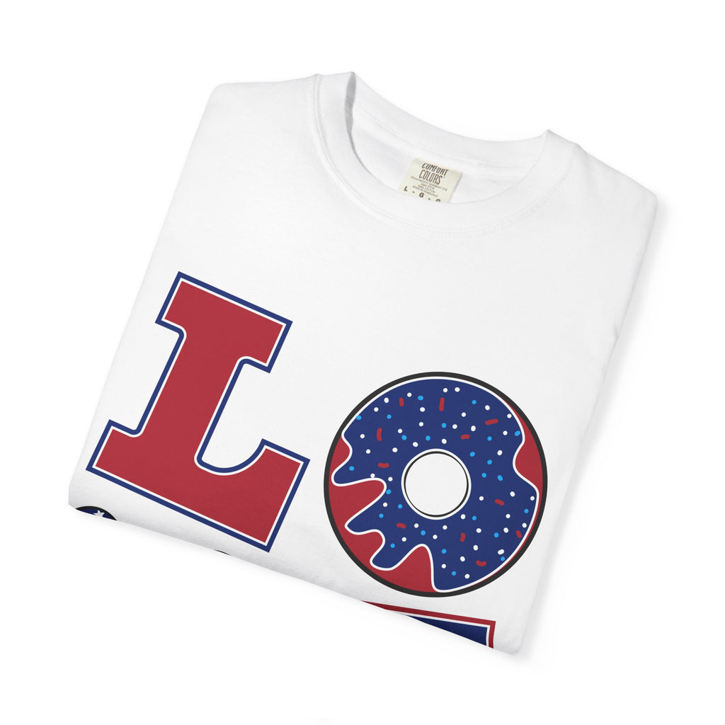 Patriotic LOVE Graphic T-Shirt — American Flag Donut & Flip-Flop Design