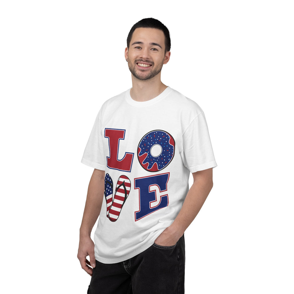Patriotic LOVE Graphic T-Shirt — American Flag Donut & Flip-Flop Design