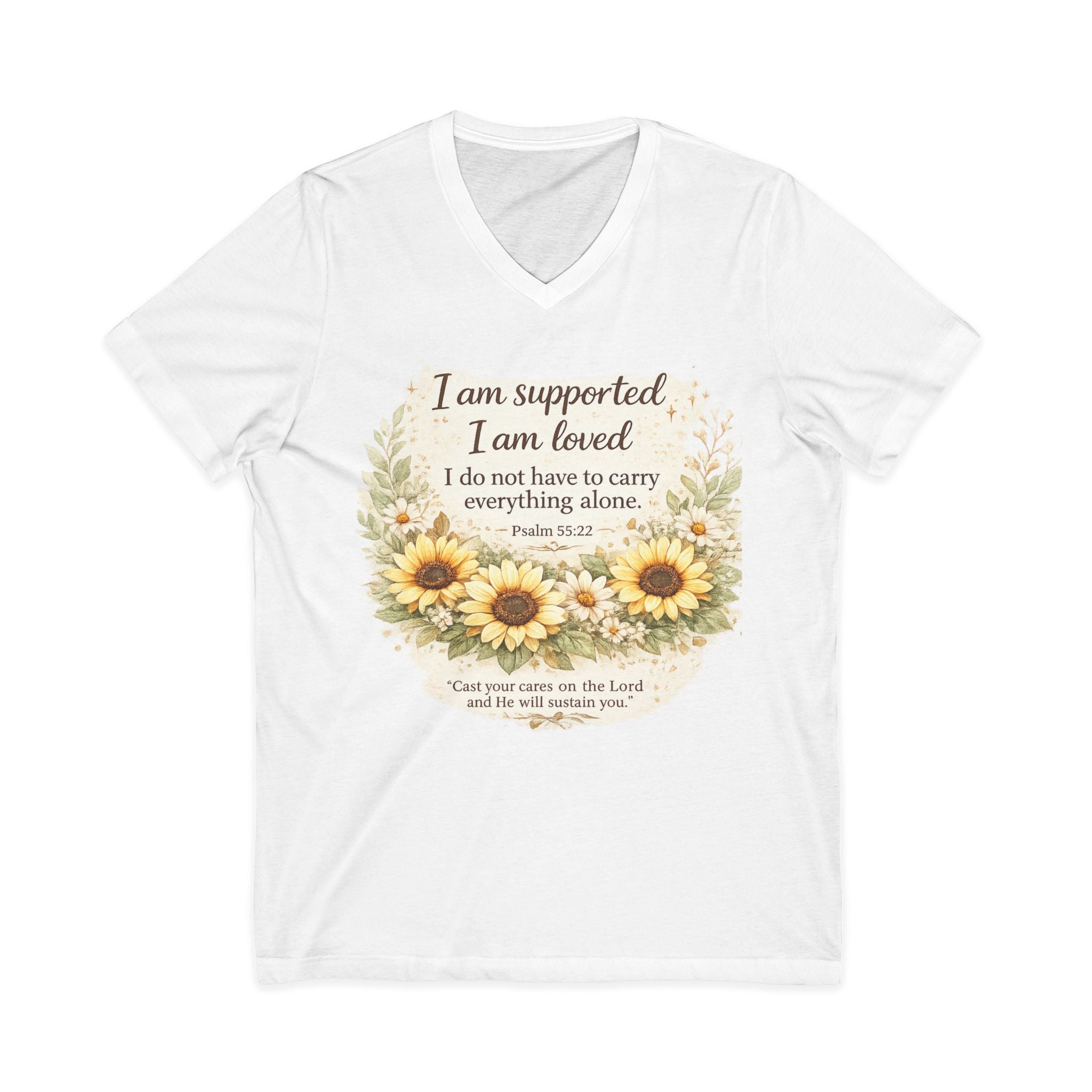 Sunflower Psalm V-Neck Tee — "I am supported, I am loved" Christian Inspiration Shirt