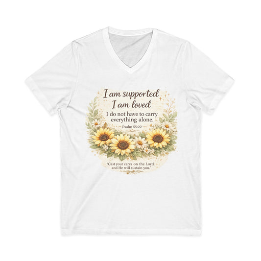 Sunflower Psalm V-Neck Tee — "I am supported, I am loved" Christian Inspiration Shirt