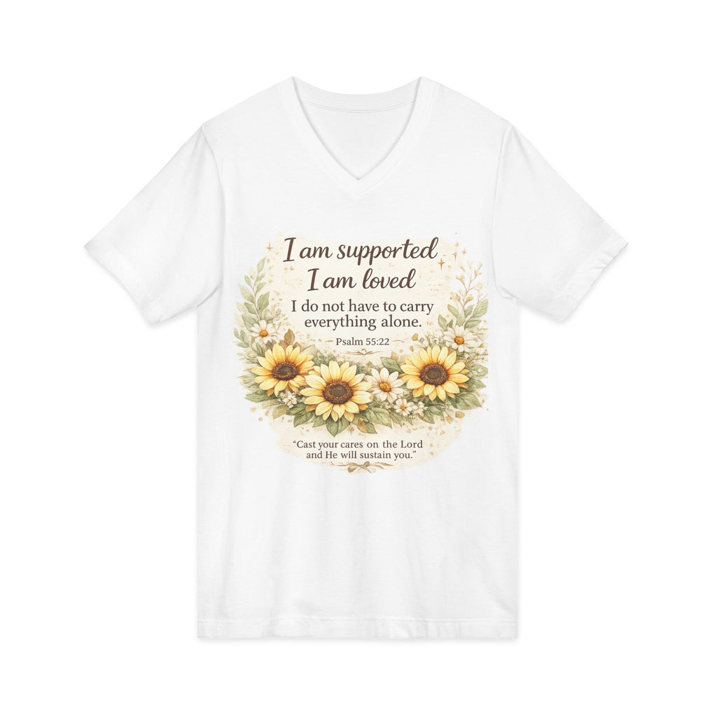Sunflower Psalm V-Neck Tee — "I am supported, I am loved" Christian Inspiration Shirt