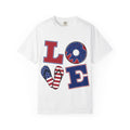 Patriotic LOVE Graphic T-Shirt — American Flag Donut & Flip-Flop Design