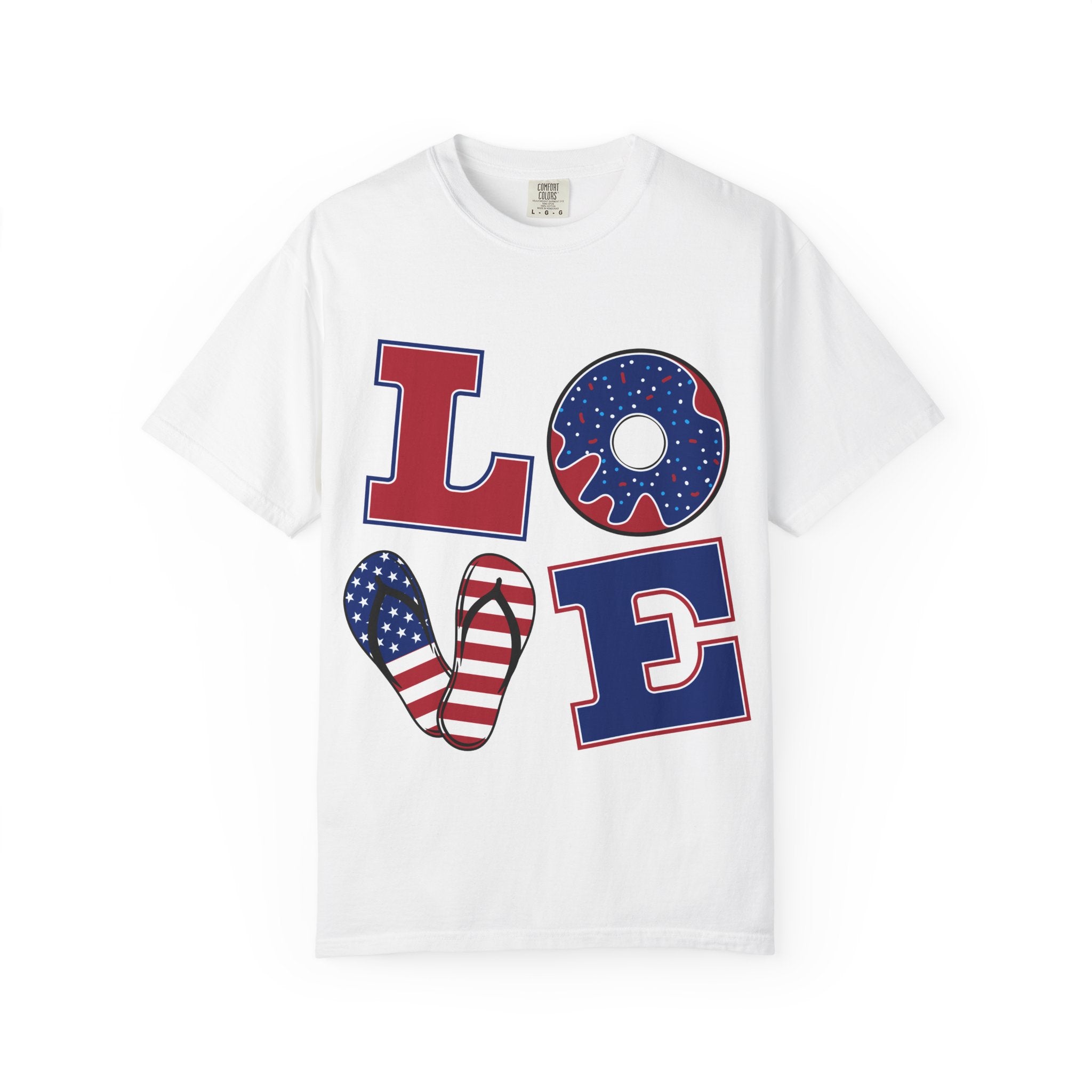 Patriotic LOVE Graphic T-Shirt — American Flag Donut & Flip-Flop Design